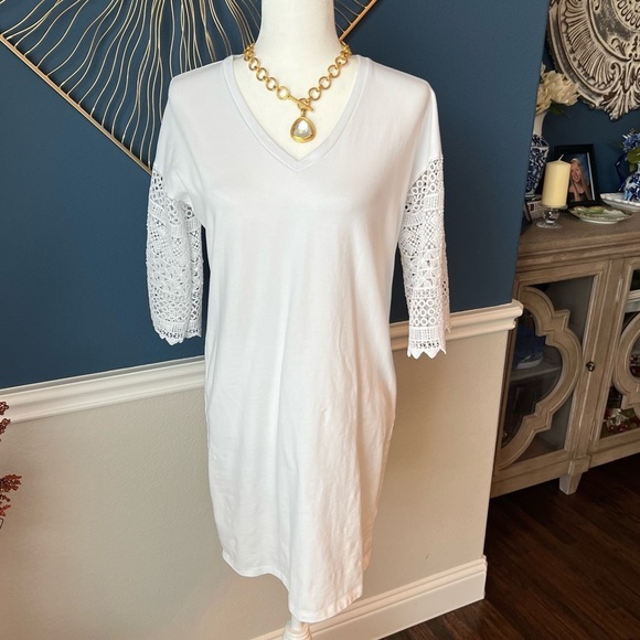 Ralph Lauren White Dress with Lace Sleeves - Size Medium - Picture 1 of 7
